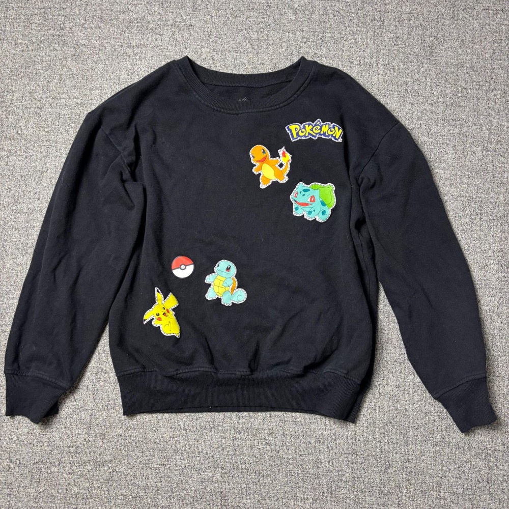 Pokemon Sweatshirt Kids Large Graphic Patch Black Pikachu Charmander Bulbasaur